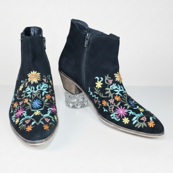 Diba Shoes - Diba Size 8.5 Booties Embroidered Black Suede Leather Rainbow Floral Western